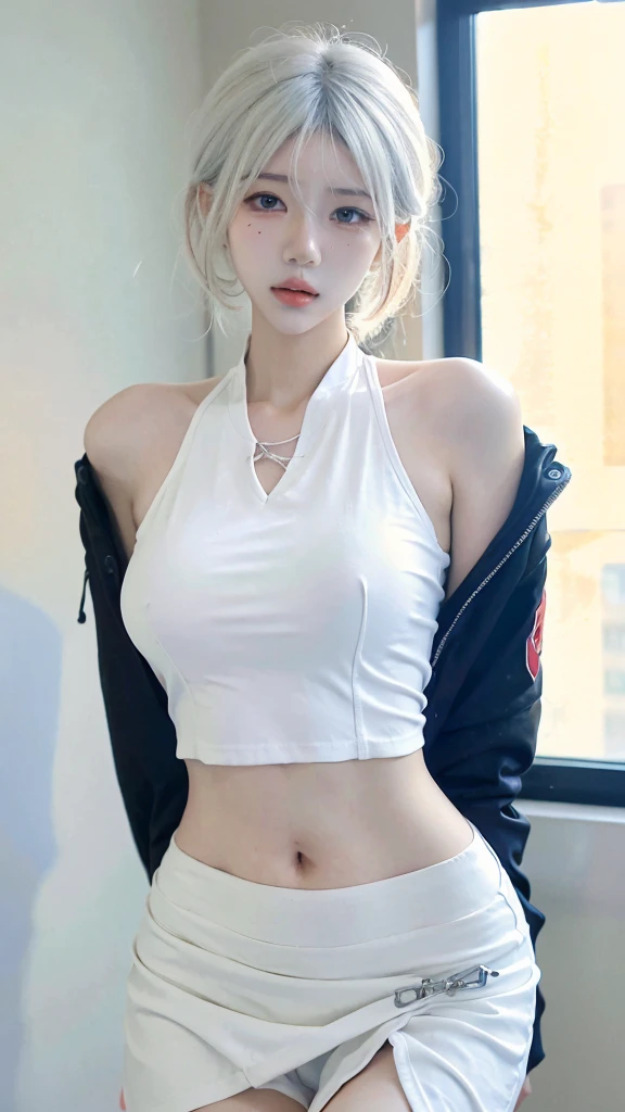 Beautiful woman with perfect figure:1.4，Ultra-high resolution，White background，（lifelike：1.4），Layered Hairstyle，White skin，Bikini:1.5，Super short pleated skirt，whole body，Very delicate face and skin texture，Double eyelids，Skin Whitening，short hair，White hair