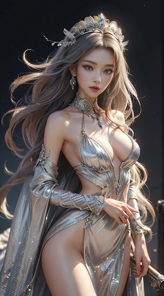 Woman wearing a silver transparent dress,Beautiful eyes, slender thighs,(((tits ,The breasts are very large., bare chest,The cracks are quite large.))),Slender waist,(bare waist), long gray hair, micro curly hair, Very detailed details,high end art station, rainstorm website, Detailed fantasy art, Amazing character art, Beautiful and beautiful character art, Beautiful gold and silver armor, The content is very detailed., Girl in a glittery dress, Beautiful headdresses and accessories,Filigree crystal jewelry, galaxy, Amazing pictures, (dynamic lines, Track light:1.2), Lively with color,8ก,quality,I'm very wet.,There is glitter glittering on the surface.,In the crystal cave