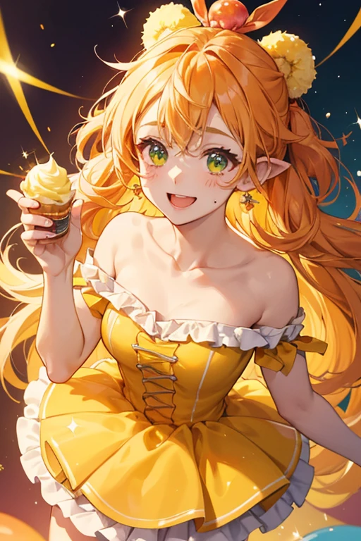 Tango Mango is a mango ice cream scoop GIRL bear Num with a cheerful expression. SHe has darker orange cream on hER head decorated with light green sprinkles. HER ears poke out from the cream. SPARKLE; GLITTER
