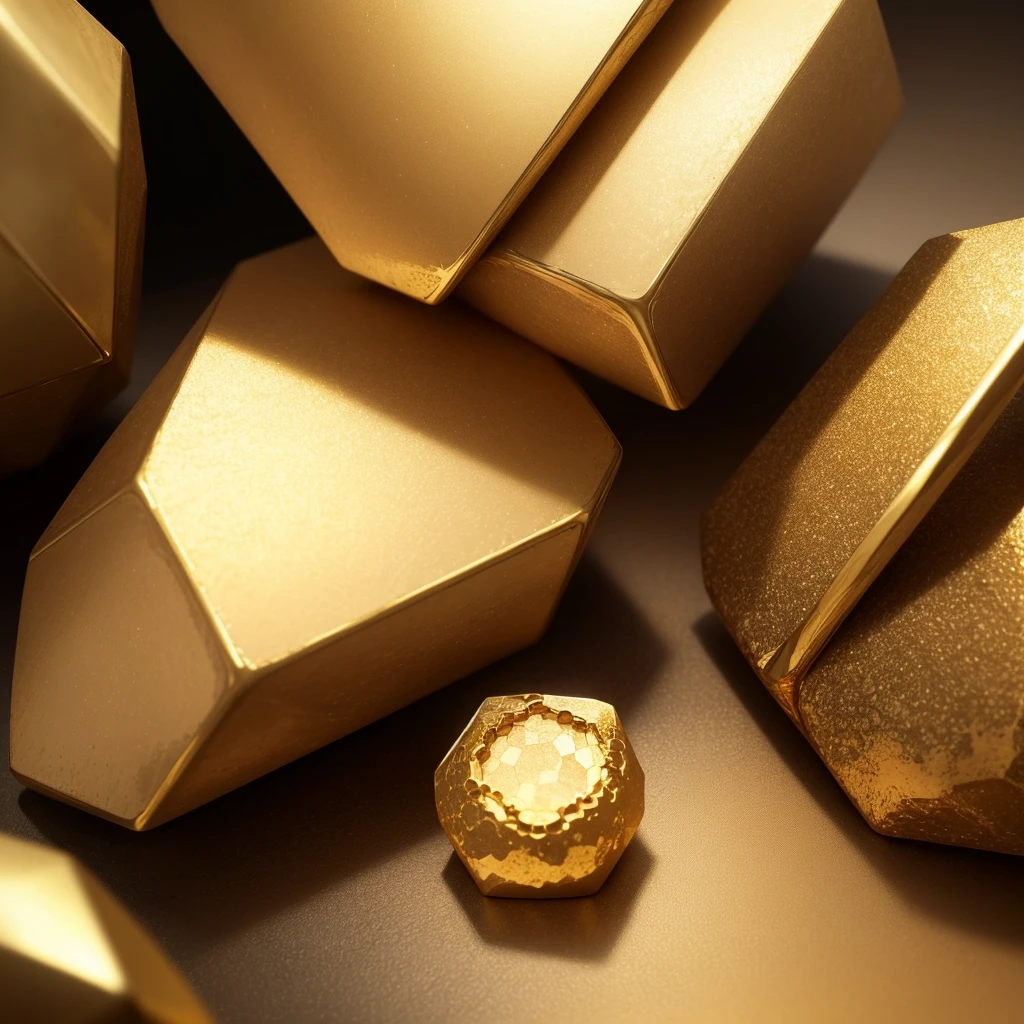 Create an image of a hexagon-shaped object designed to resemble a golden stone. The hexagon should have a realistic texture that mimics the surface of a rough, natural stone. The gold should appear slightly weathered and uneven, with natural variations in color and texture to give it an authentic, earthy feel. Include subtle reflections and highlights to emphasize the metallic quality of the gold. The background should be a simple, muted color to highlight the golden hexagon and its detailed texture.