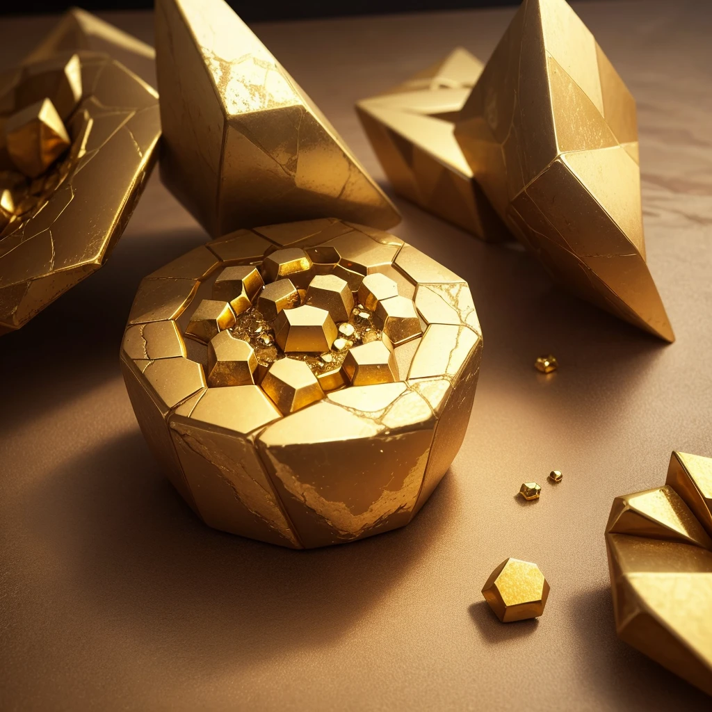 Create an image of a hexagon-shaped object designed to resemble a golden stone. The hexagon should have a realistic texture that mimics the surface of a rough, natural stone. The gold should appear slightly weathered and uneven, with natural variations in color and texture to give it an authentic, earthy feel. Include subtle reflections and highlights to emphasize the metallic quality of the gold. The background should be a simple, muted color to highlight the golden hexagon and its detailed texture.
