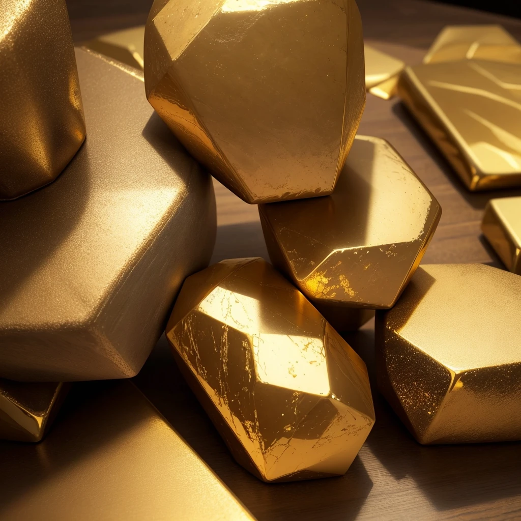 Create an image of a hexagon-shaped object designed to resemble a golden stone. The hexagon should have a realistic texture that mimics the surface of a rough, natural stone. The gold should appear slightly weathered and uneven, with natural variations in color and texture to give it an authentic, earthy feel. Include subtle reflections and highlights to emphasize the metallic quality of the gold. The background should be a simple, muted color to highlight the golden hexagon and its detailed texture.
