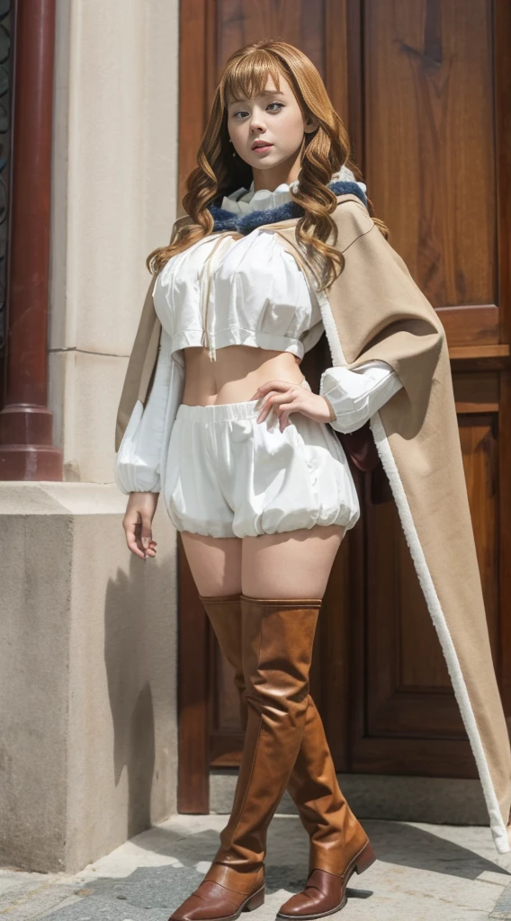 Highest quality、Highest quality、16k quality、Highly detailed figure、Highly detailed face、Highly detailed eyes、Highly detailed nose、Highly detailed facial expressions、Highly detailed costume、Very high quality costume、Highly detailed hourglass shape、Highly detailed feet、Highly detailed thighs、Being in reality、16-year-old girl、Mimosa Vermillion、main character、Brown Hair、White long sleeve knitted clothing、服の上からYou can see the shape of the chest、Light brown、Chest-length、Poncho type、Wearing the cloak of the Magic Knights、With Magic Knights emblem、One of her breasts is visible through the gap in her cloak.、Close to the skinする服、White knit shorts、Emphasizes the shape of the chest、Brown leather thigh-length boots、Her thighs are visible between her shorts and boots.、You can see the shape of the chest、F cup bust size、Big Breasts、Close to the skin、Tight、Full body photo、Are standing、Emphasizes the beauty of thigh muscles、Full body photo、Front view、