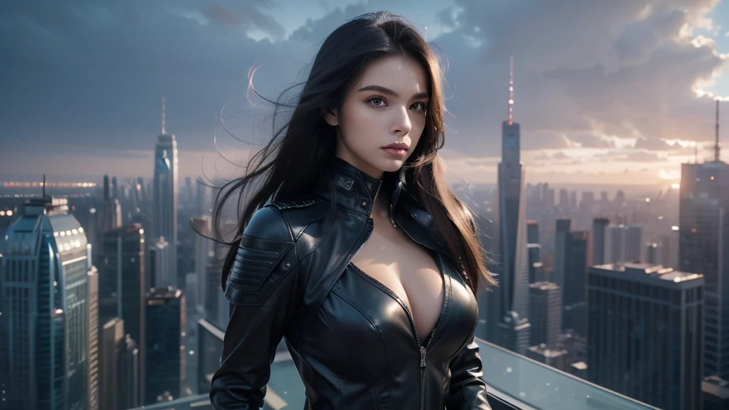 ((masterpiece, best quality, Highest image quality, high resolution, Reality, RAW photos, 8K)), futuristic city，standing on top of the building，Beautiful girl，Tight leather jacket，Off-shoulder，Large Breasts，Long hair，Black Wings，Pretty face，Closed mouth，dramatic，Mid-range portrait，early morning