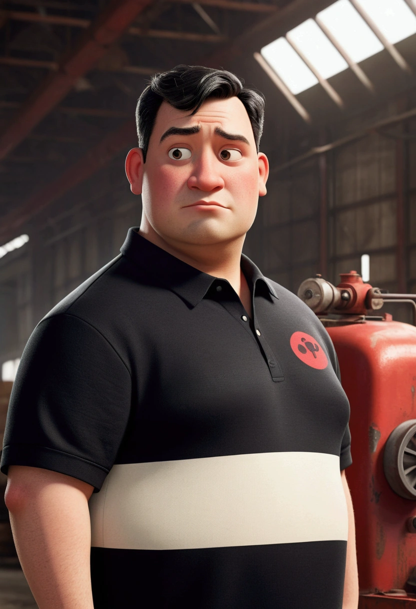 Cartoon man character in disney pixar style, black short hair, fatter, offwhite, with factory background , in BLACK polo t-shirt with RED and WHITE details, with a satirical tone
