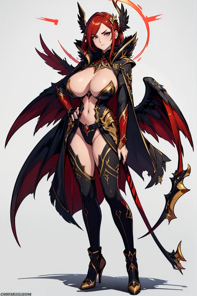 (masterpiece, best quality, high resolution,) a beautiful woman, ((huge breasts)) 1 futuristic red and gold wick with majestic appearance, brutal posture,, black wings, with a superb appearance ((white background,)), ( (full body standing)),
