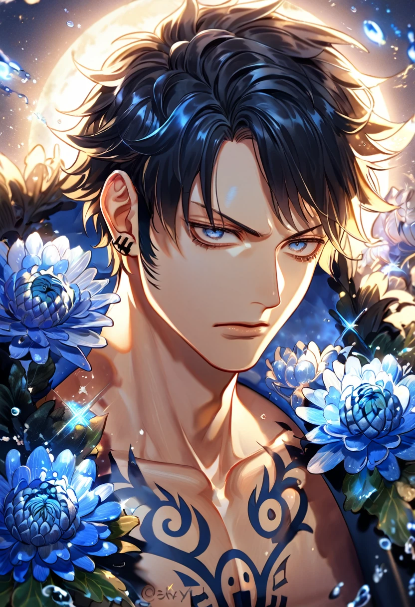 absurdres, highres, ultra detailed, HDR, master piece, best quality, extremely detailed, Trafalgar Law, black hair, expressive gray eyes, One Piece, solo, sexy man, handsome, sensual, black coat, fantasy, water, sparkling, blue glittering fireflies, blue moon, blue blossoms, blue chrysanthemums, blue sparkling lights, starry sky, magical