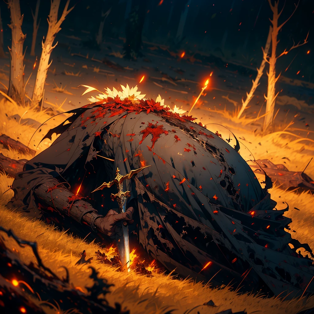 "high resolution, image of a dead elf lying on the ground of a battlefield. The elf has long, dark hair, tangled and dirty with blood and dirt. Your eyes are open, looking up at the sky with a blank and sad expression. Pale skin contrasts with his finely crafted armor., that is broken and covered in blood. A broken sword is embedded in his abdomen, the cause of his death evident. Around her, pieces of arrows, a fallen dagger, and bloodstains scattered. The ground is a mixture of dirt and grass, with battle marks all over. Ao fundo, shadows of destroyed trees and a dense fog that covers the battlefield."