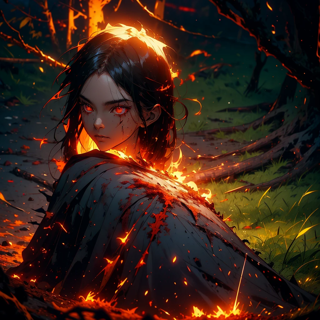 "high resolution, image of a dead elf lying on the ground of a battlefield. The elf has long, dark hair, tangled and dirty with blood and dirt. Your eyes are open, looking up at the sky with a blank and sad expression. Pale skin contrasts with his finely crafted armor., that is broken and covered in blood. A broken sword is embedded in his abdomen, the cause of his death evident. Around her, pieces of arrows, a fallen dagger, and bloodstains scattered. The ground is a mixture of dirt and grass, with battle marks all over. Ao fundo, shadows of destroyed trees and a dense fog that covers the battlefield."