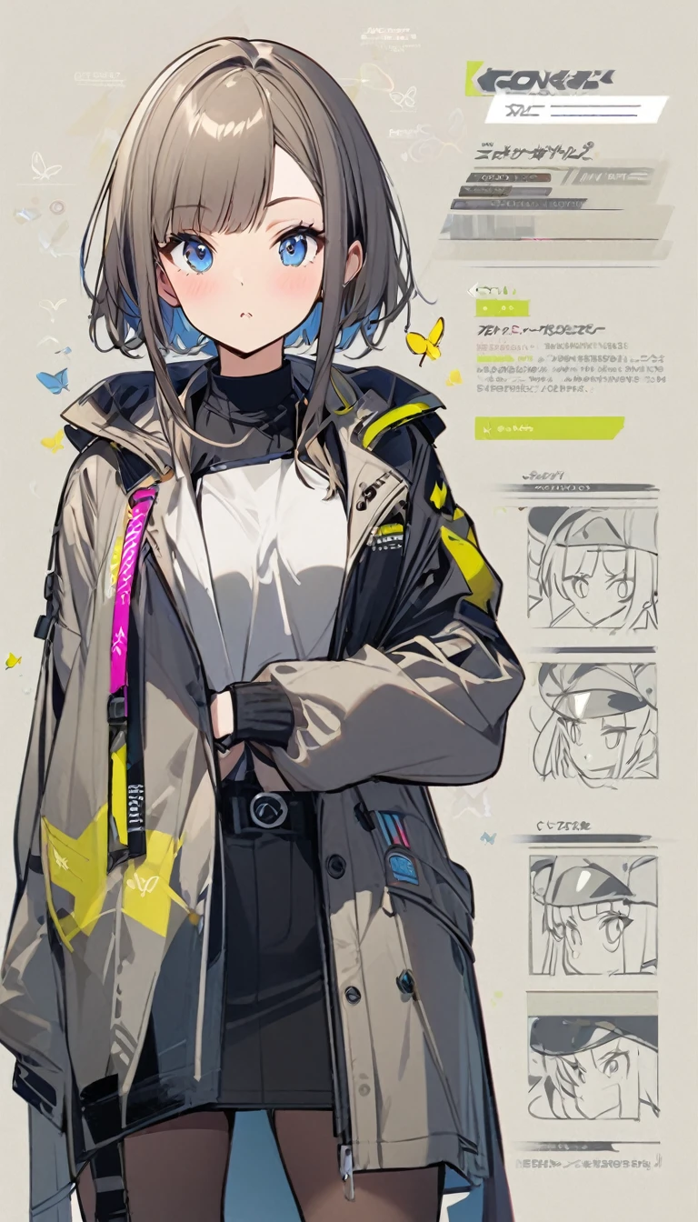 Butterflies are flying、Looking to the side、concept、1girl, stylish, stylish code, large jacket
