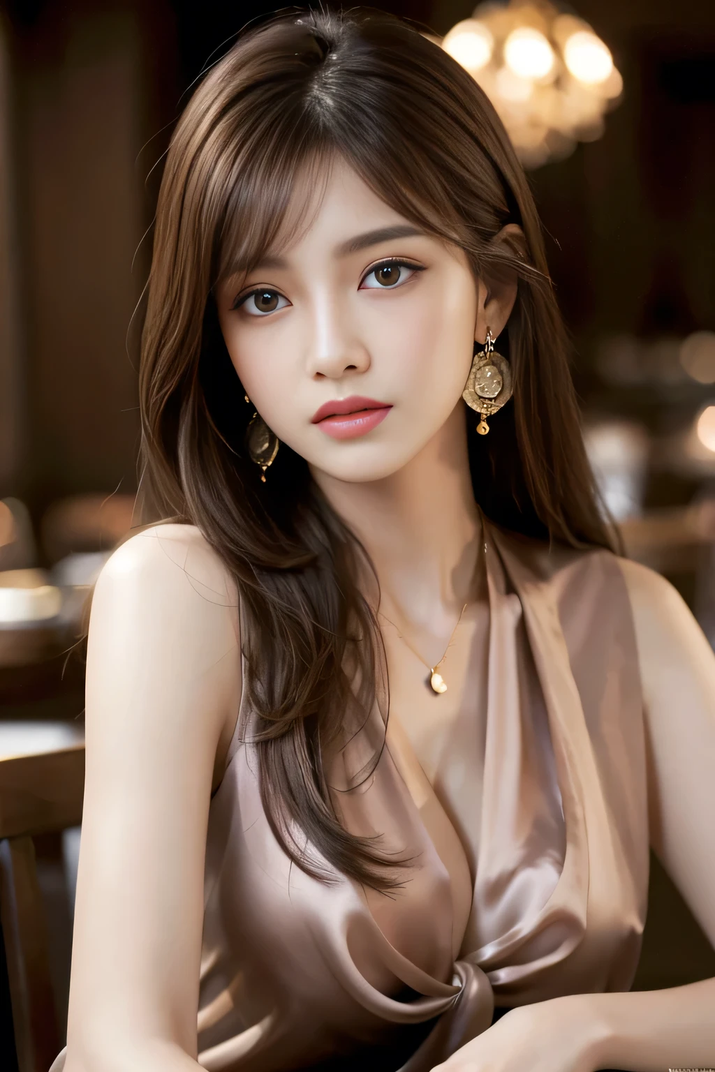 masterpiece, Highest quality, Realistic, Very detailed, Finer details, High resolution, 8k wallpaper, One beautiful woman, Wear a pretty colored silk shirt, In a great restaurant, At night, Light brown messy hair, Perfect dynamic composition, Beautiful and beautiful eyes、Big earrings、chest、Sleeveless shirt、