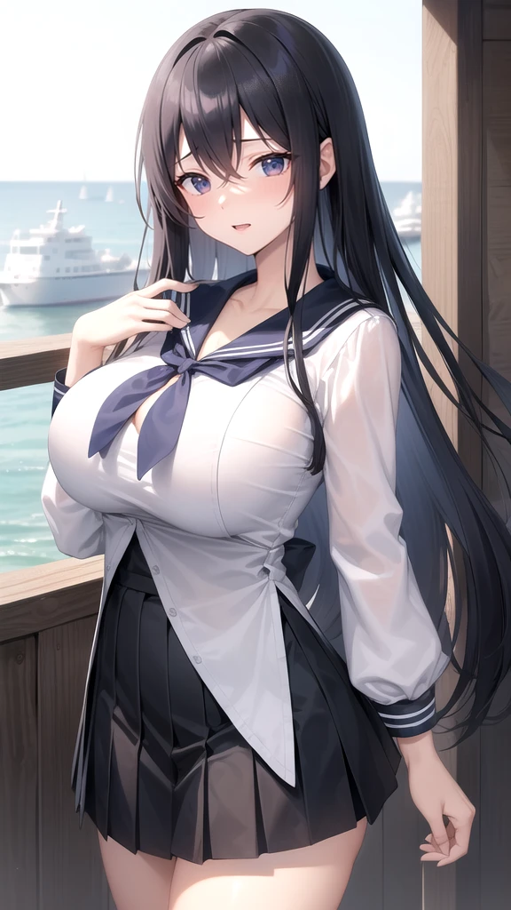 high school girl、beautiful girl、Black Hair、Big breasted body type、Wet white panties、Sailor-style 、Roll up your navy blue pleated skirt、Flushed Cheeks、Moist eyes、Shy expression、The veranda on a rainy day、Erotic atmosphere、Immoral scene、Sensual scene、Wet Hair、Wet Skin、Wet clothes、