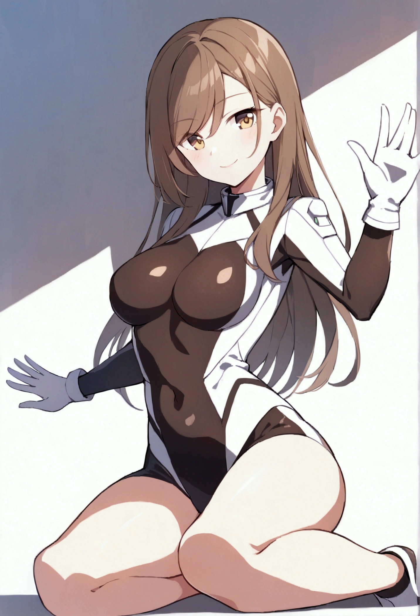 perfect face, atago, black hair, long hair, brown eyes, animal ears, ((dark background)), facing forward, cowboy shot, lust smile, in the center, giant breasts, ((on her knees)), hands on hips, ((white bodysuit)), cleavage, nipples