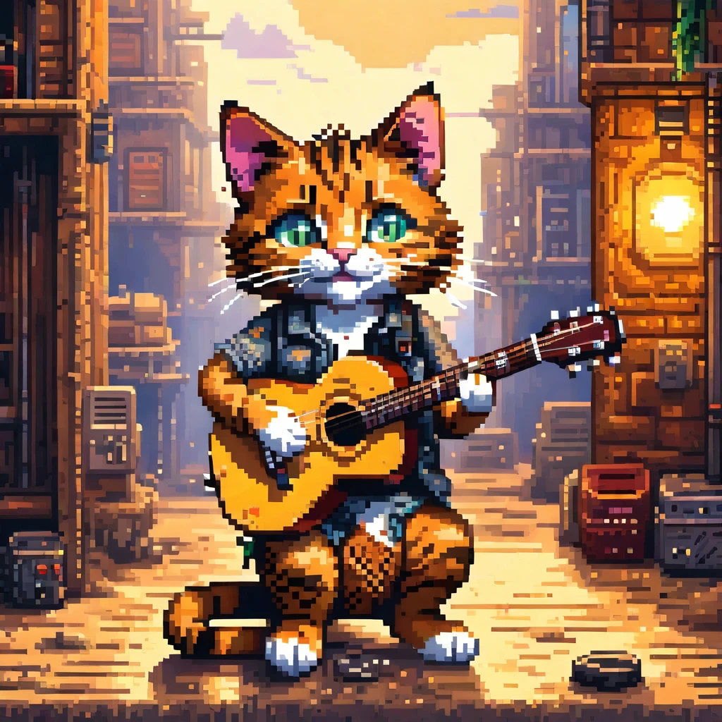 a wild cat playing an acoustic guitar in a pixel art style, detailed evening sun wasteland, best quality, masterpiece, ultra intricate detailed, high details