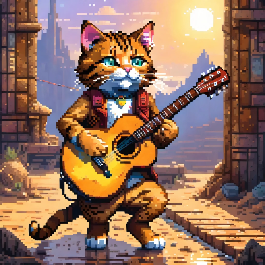 a wild cat playing an acoustic guitar in a pixel art style, detailed evening sun wasteland, best quality, masterpiece, ultra intricate detailed, high details