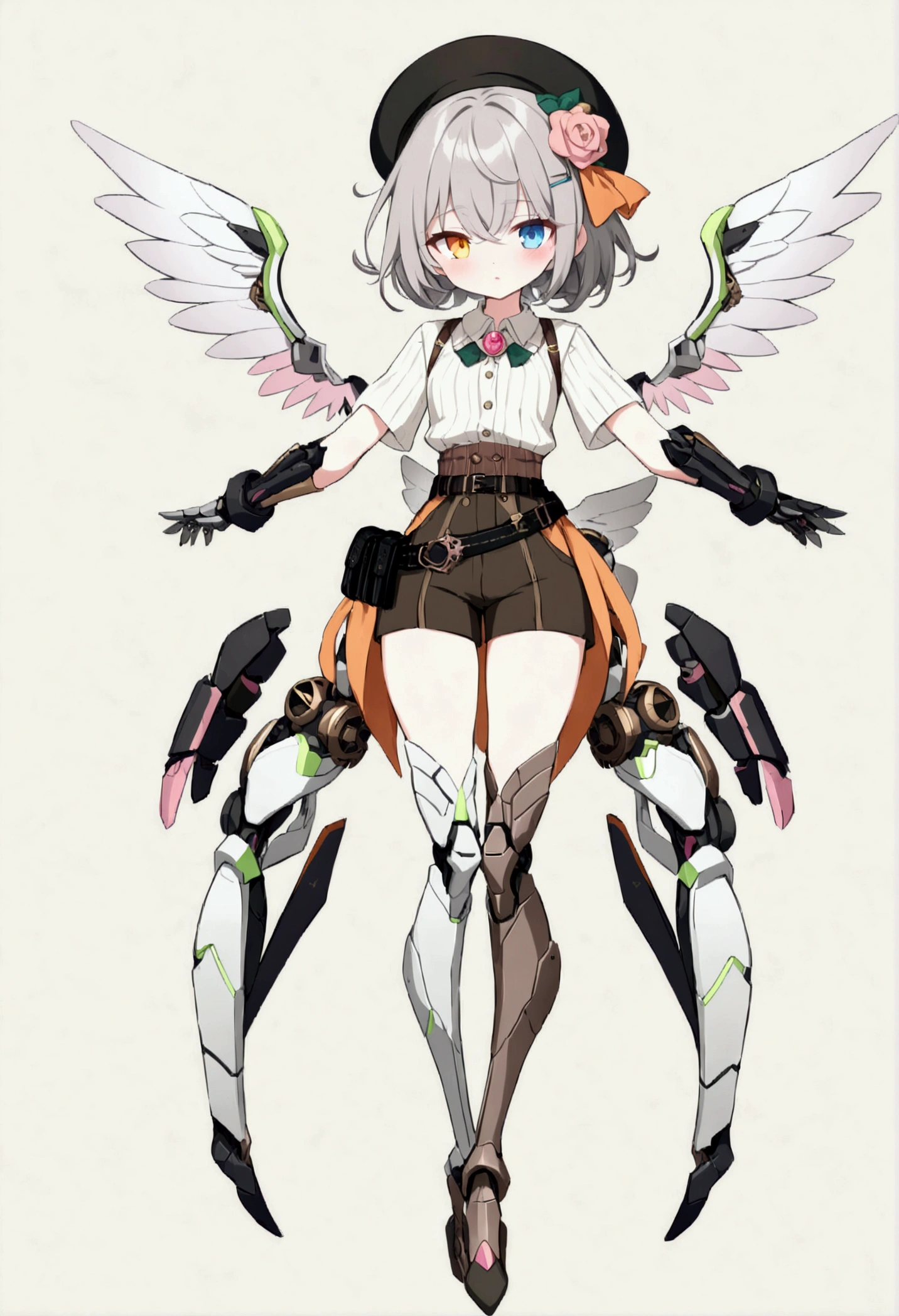 woman 165cm tall, (whole body: 1.5), slim build, , charming look, ((heterocromia: ojo right naranja y ojo izquierdo violeta)), (Shoulder Length Wavy Gray Hair, a medium braid on the left side of the hair: 1.2, big open bangs, largo flequillo en el lado izquierdo y right del cabello sobre las mejillas , golden gear hairpin on the left side of the hair: 1.1), (((complex mechanical legs up to the hip, The legs are black with gray parts and small pink details))), (((complex mechanical arms up to the elbows, The arms are black with gray parts and small pink details))), ((a pair of complex white mechanical angel wings with pastel green parts)), (elegant black French beret, orange rose ribbon on the beret: 1.2), (stylish white short sleeve button down shirt, dark brown shorts with straps from the waist, elegant black belt, small rose brooch on shirt collar, beautiful mechanical stilettos), (((full body character design sheet: vista 3/4))), ((Pastel yellow background)), extremely detailed hair, beautiful detailed clothing, extremely detailed arms, extremely detailed face, (Extremely detailed hands), perfect hands, beautiful detailed eyes, beautiful detailed lips, adorable, extremely detailed legs, (Best Quality, 8k, ultra resolution), ultra detailed, Exquisite and epic character art, (Focus on symmetry), (extremely detailed wings), (body position: standing, right, symmetrical), looking at the viewer, small face.