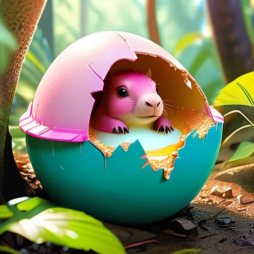 Interesting illustrations：Pink little dinosaur in a broken eggshell，Cute expression，Rainforest，dreamlike，Aesthetic  and bic cute cute capybara