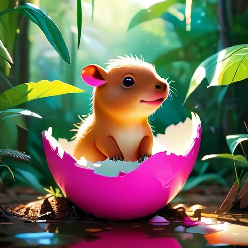 Interesting illustrations:Pink little dinosaur in a broken eggshell,Cute expression,Rainforest,dreamlike,Aesthetic and bic cute cute capybara