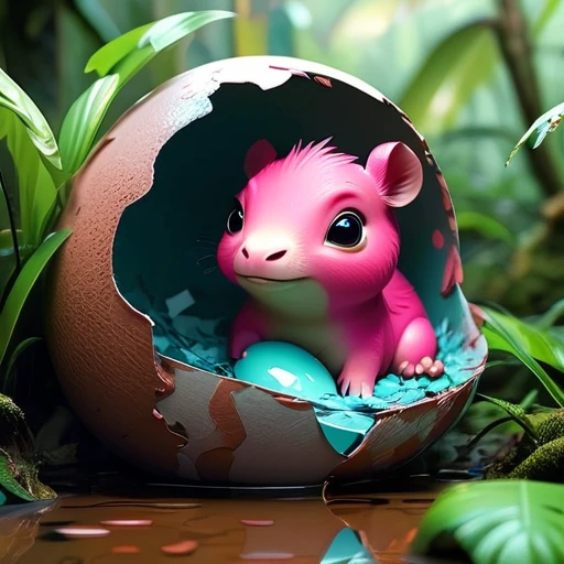Interesting illustrations：Pink little dinosaur in a broken eggshell，Cute expression，Rainforest，dreamlike，Aesthetic  and bic cute cute capybara