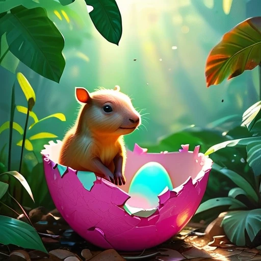 Interesting illustrations:Pink little dinosaur in a broken eggshell,Cute expression,Rainforest,dreamlike,Aesthetic and bic cute cute capybara