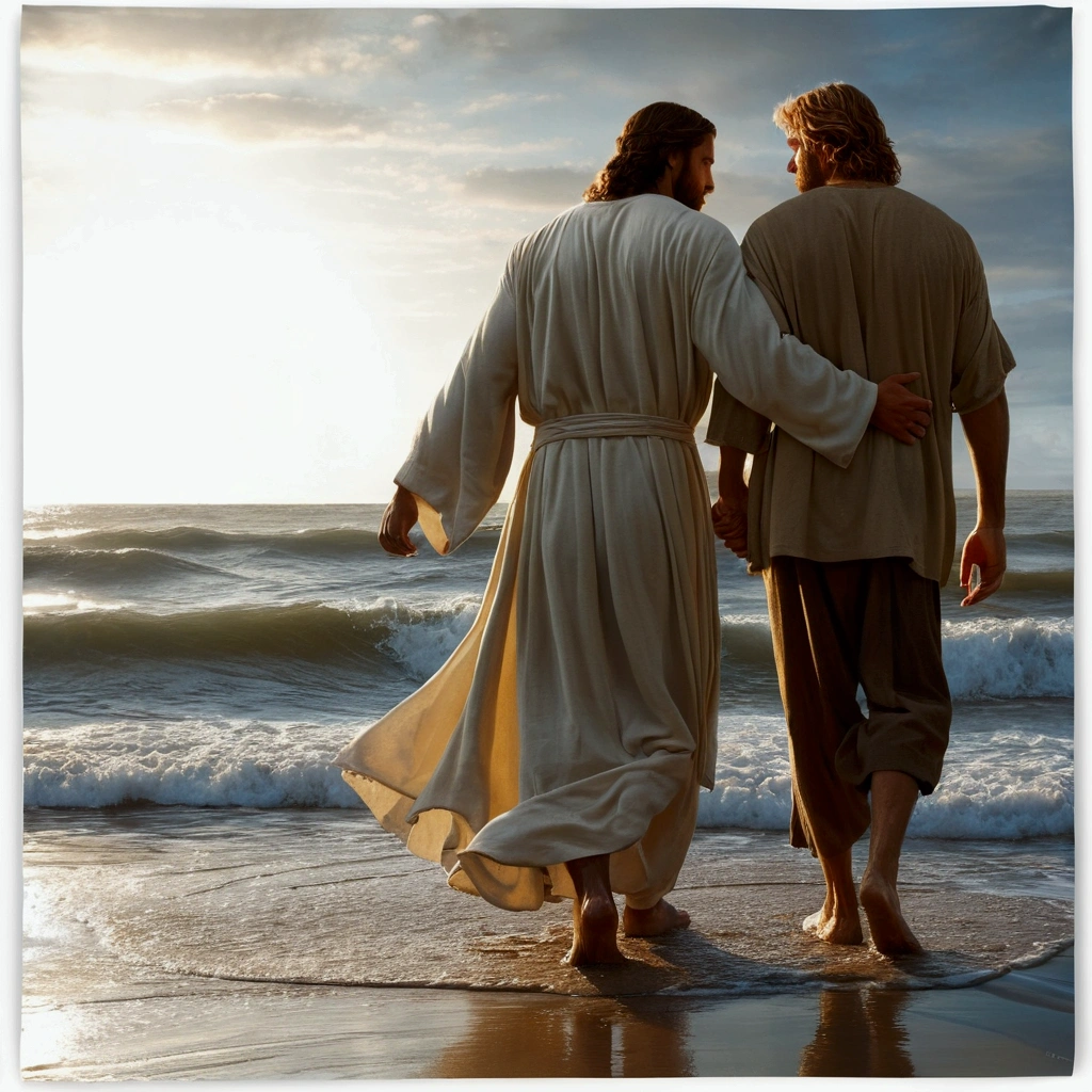 Walking together, ! holding in your hand !, walking towards you, walking towards you, walk away, Jesus hugging man., Jesus walking on water, beautiful image ever created, walking on the sand, beautiful representation, Greg Olsen, romantic!!!, comforter, by Antonio Ciseri, por Willy Bo Richardson