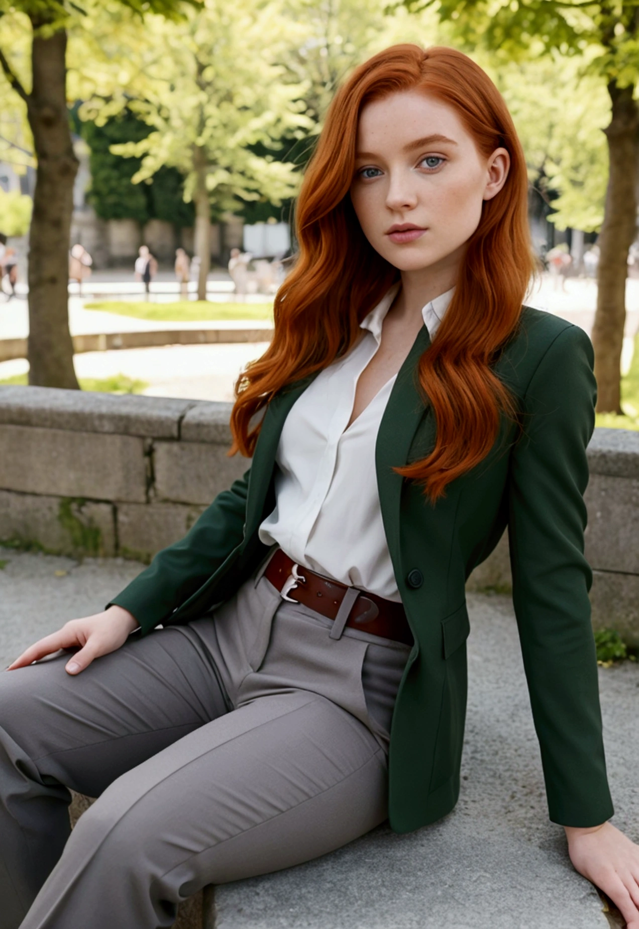 1 fille dans, 19 ans, seulement, Aesthetic work, rousse irlandaise, wavy red hair, cheveux roux mi-longs, yeux gris, yeux gris clair, quelques petites taches de rousseur, pale skin, Une tasse, gros seins, corps des coureurs, detailed skin texture, assis sur un banc de pierre, près de la fontaine de la ville, centre ville, parc, (Fond d&#39;extremely detailed 8k screen), soft lighting, high quality, grain de film, Mise au point nette du Fujifilm XT3, f5.6, 50mm, high detail, sharpness,(natural light), top court noir à manches longues, pantalon kaki vert clair, ceinture utilitaire marron, Déguisement de Kim possible, crazy details, intricate details, super detailed

