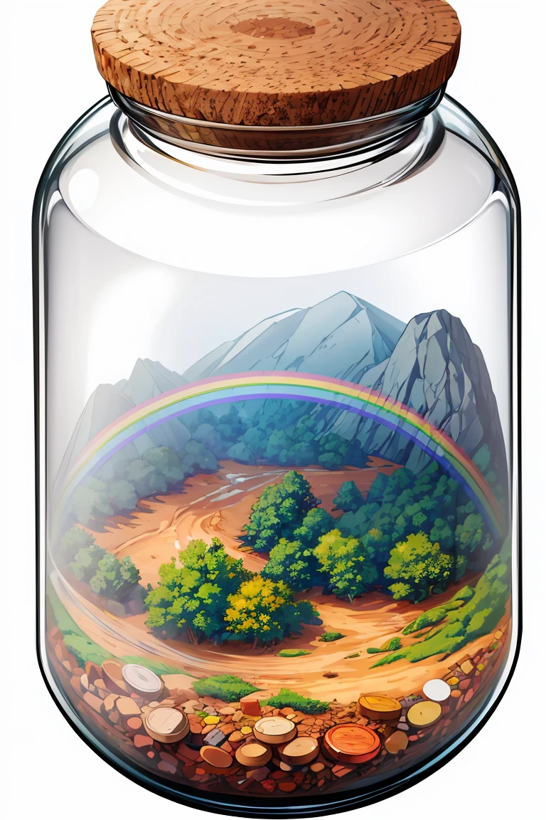 detailed, 8k, beautiful landscape with sunset in the forest and river, rainbow all inside a glass jar, with cork lid, (((white background))),