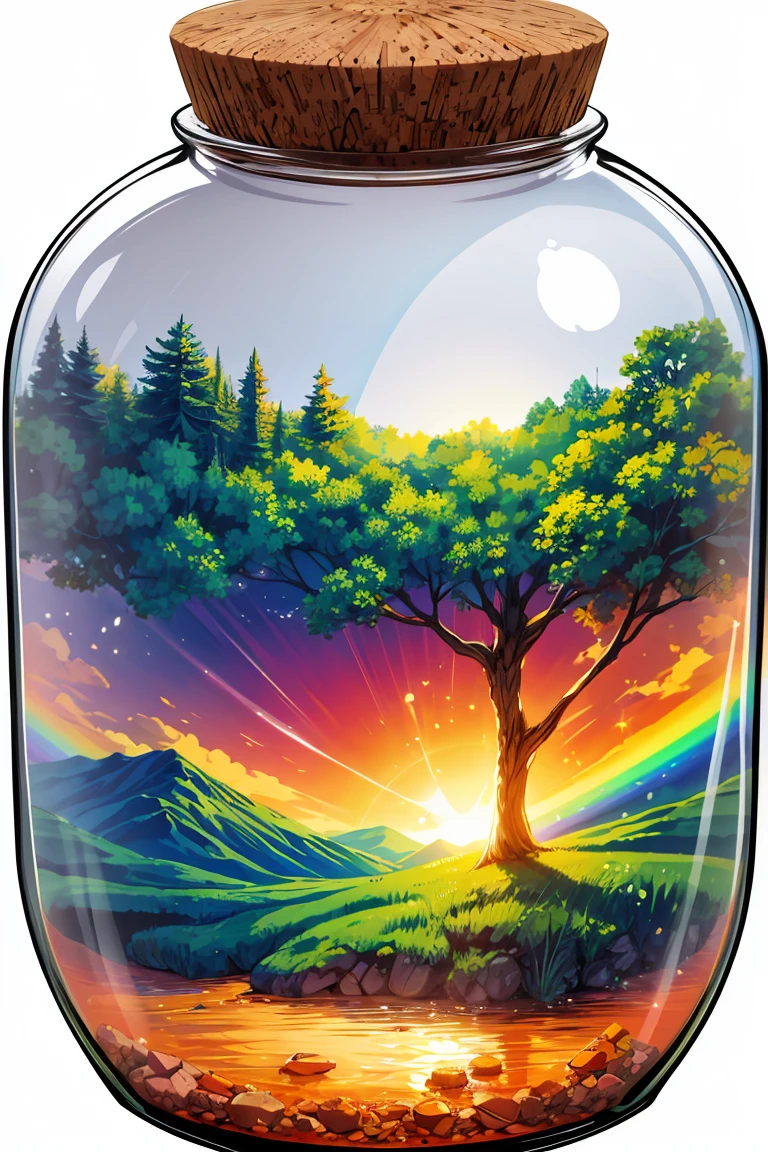 detailed, 8k, beautiful landscape with sunset in the forest and river, rainbow all inside a glass jar, with cork lid, (((white background))),