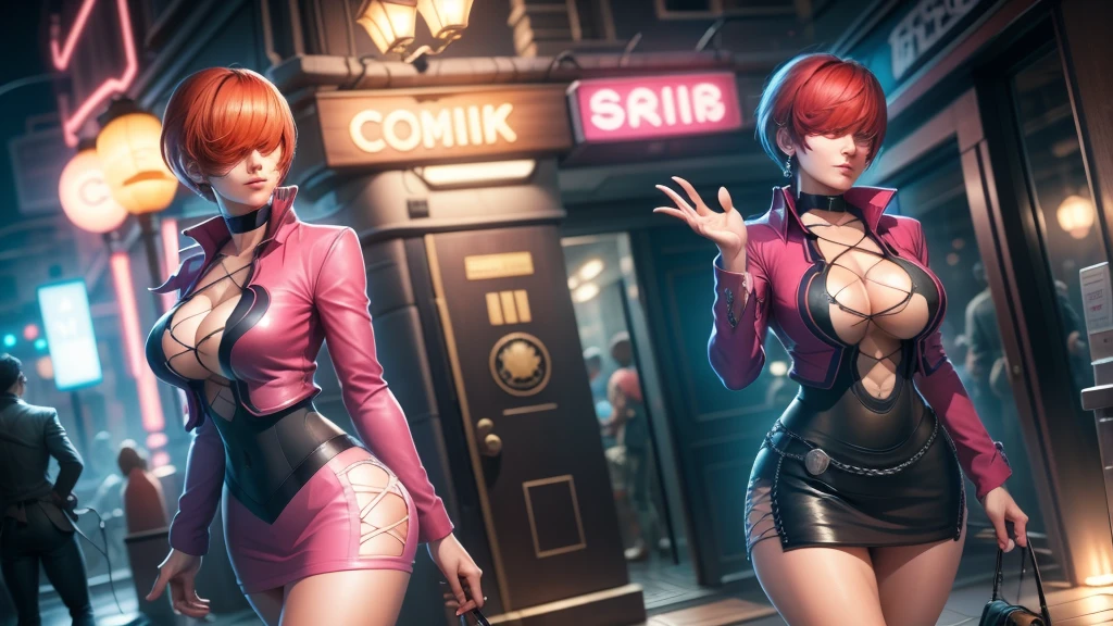(at night), in a video game scene a background a beautiful city at night raining, alone, alone, standing at attention, pink suit, pink jacket, choker, neckline, cut of clothes, earrings, has long bangs on the hair covering the eyes ((hair over the eyes)), 1 girl, 20 years old, young woman, perfect hands, beautiful fingers, beautiful long legs, beautiful body, beautiful nose, beautiful character design, perfect face, looking at the spectator with serious gesture, is on a phone call with his cell phone in hand (focusing on his face), closed mouth, Light_Smile, official art, extremely detailed CG unity 8k wallpaper, perfect lighting, bright and colorful front lighting, skin glossy (masterpiece: 1.0), (best_quality: 1.0), ultra high resolution, 4K, ultra detailed photography, 8K, HDR, high resolution, nonsense:1.2, Kodak portra 400, film grain, blurred background, bokeh:1.2, lens flare, (vibrant_color:1.2), professional photography, (Beautiful, breasts: 1.4), (beautiful_face: 1.5), (narrow waist),