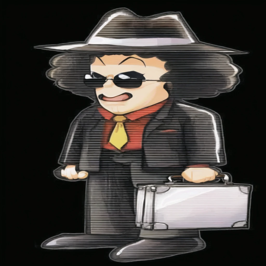 Draw a Cartoon-style character inspired by a mysterious salesman. He must wear a wide-brimmed black hat, sunglasses, have voluminous afro hair, and a black suit with a red shirt. Include a yellow tie and a gray briefcase in your hands. The character must have a confident and charismatic expression, similar to Michael Jackson
