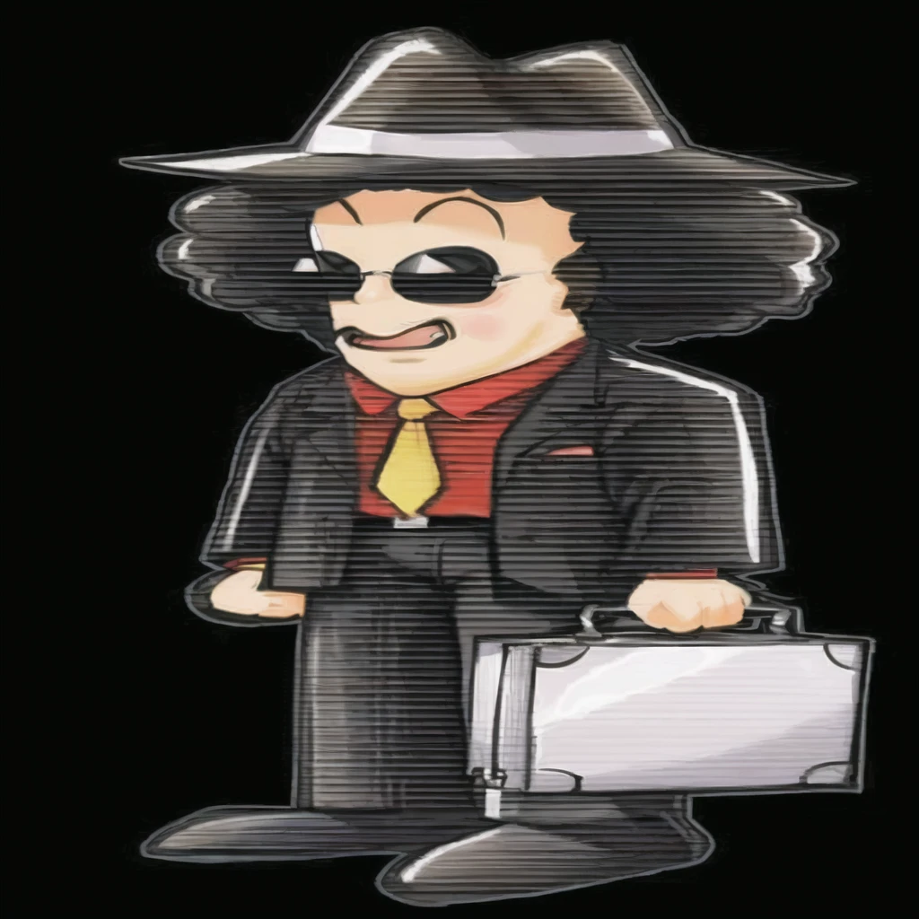 Draw a cartoon-style man character inspired by a mysterious salesman. He must wear a wide-brimmed black hat, black sunglasses, have black power curly and voluminous hair, and a black suit with a red shirt. Include a yellow tie and a gray briefcase in your hands. The character must have a confident and charismatic expression, looks like Michael Jackson