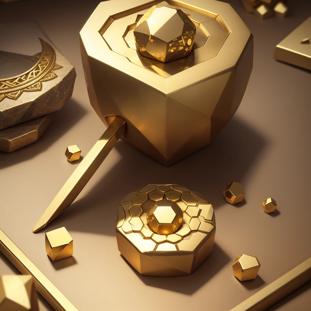 Create an image of a hexagonal golden stone. The stone should be depicted as having a rich, metallic gold finish with intricate textures and facets that catch the light. The edges of the hexagon should be slightly jagged and uneven, giving it a natural, unpolished look. Include details like subtle reflections and shadows to enhance the three-dimensionality and realism of the stone. The background should be simple and neutral to highlight the golden hexagonal stone.
