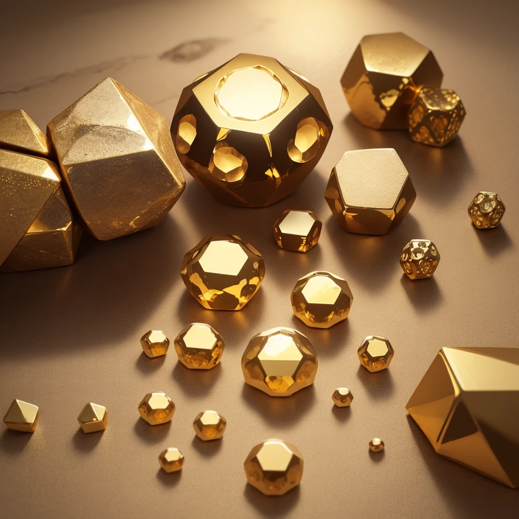 Create an image of a hexagonal golden stone. The stone should be depicted as having a rich, metallic gold finish with intricate textures and facets that catch the light. The edges of the hexagon should be slightly jagged and uneven, giving it a natural, unpolished look. Include details like subtle reflections and shadows to enhance the three-dimensionality and realism of the stone. The background should be simple and neutral to highlight the golden hexagonal stone.