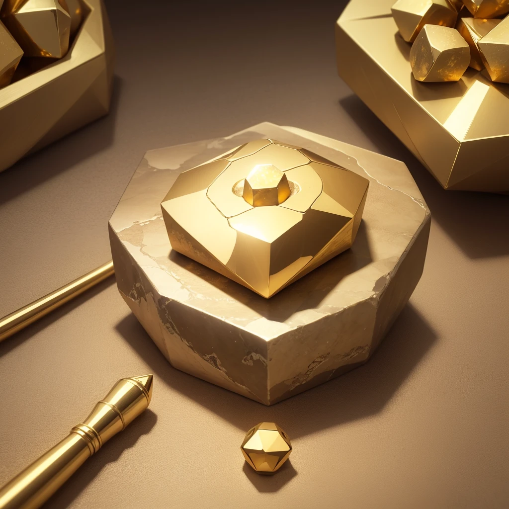 Create an image of a hexagonal golden stone. The stone should be depicted as having a rich, metallic gold finish with intricate textures and facets that catch the light. The edges of the hexagon should be slightly jagged and uneven, giving it a natural, unpolished look. Include details like subtle reflections and shadows to enhance the three-dimensionality and realism of the stone. The background should be simple and neutral to highlight the golden hexagonal stone.