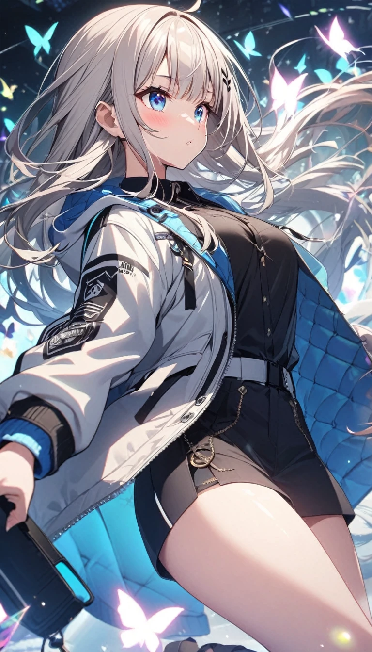 Butterflies are flying、Looking to the side、1girl, stylish, stylish code, large jacket