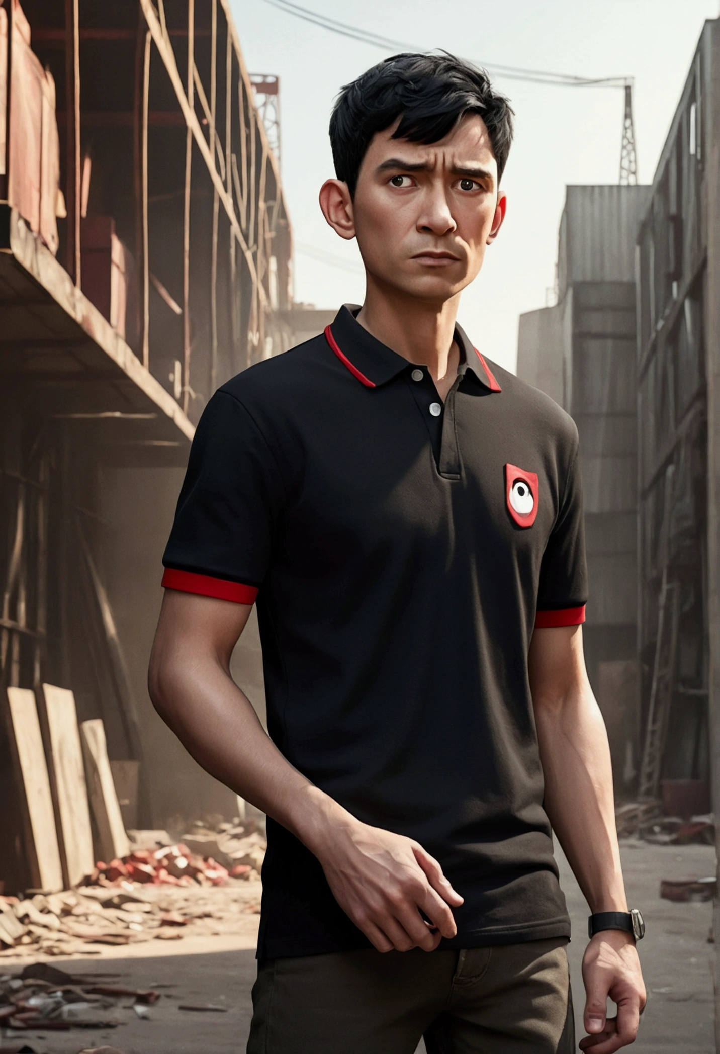 Cartoon man character in disney pixar style, black short hair, Scrawny, offwhite, with factory background , in BLACK polo t-shirt with RED and WHITE details, with a satirical tone