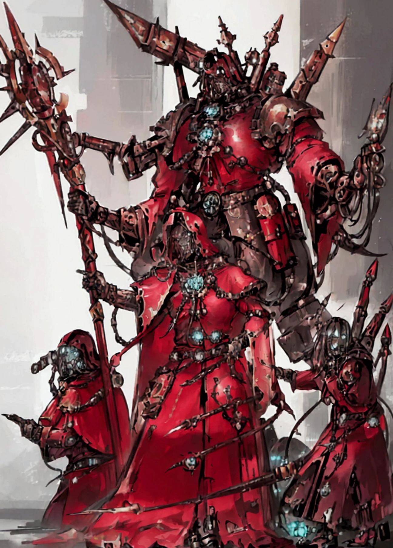 make a warhammer 40k rpg character, naughty man, adeptus mechanicus warhammer 40k, warrior monk, imponent pose, priestly vestment ( detailed outfit), holding a war staff, filled with implant, dark cathedral background (detailed back ground), robotic priest with armor.  