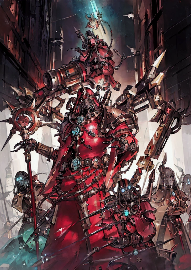 make a warhammer 40k rpg character, naughty man, adeptus mechanicus warhammer 40k, warrior monk, imponent pose, priestly vestment ( detailed outfit), holding a war staff, filled with implant, dark cathedral background (detailed back ground), robotic priest with armor.  