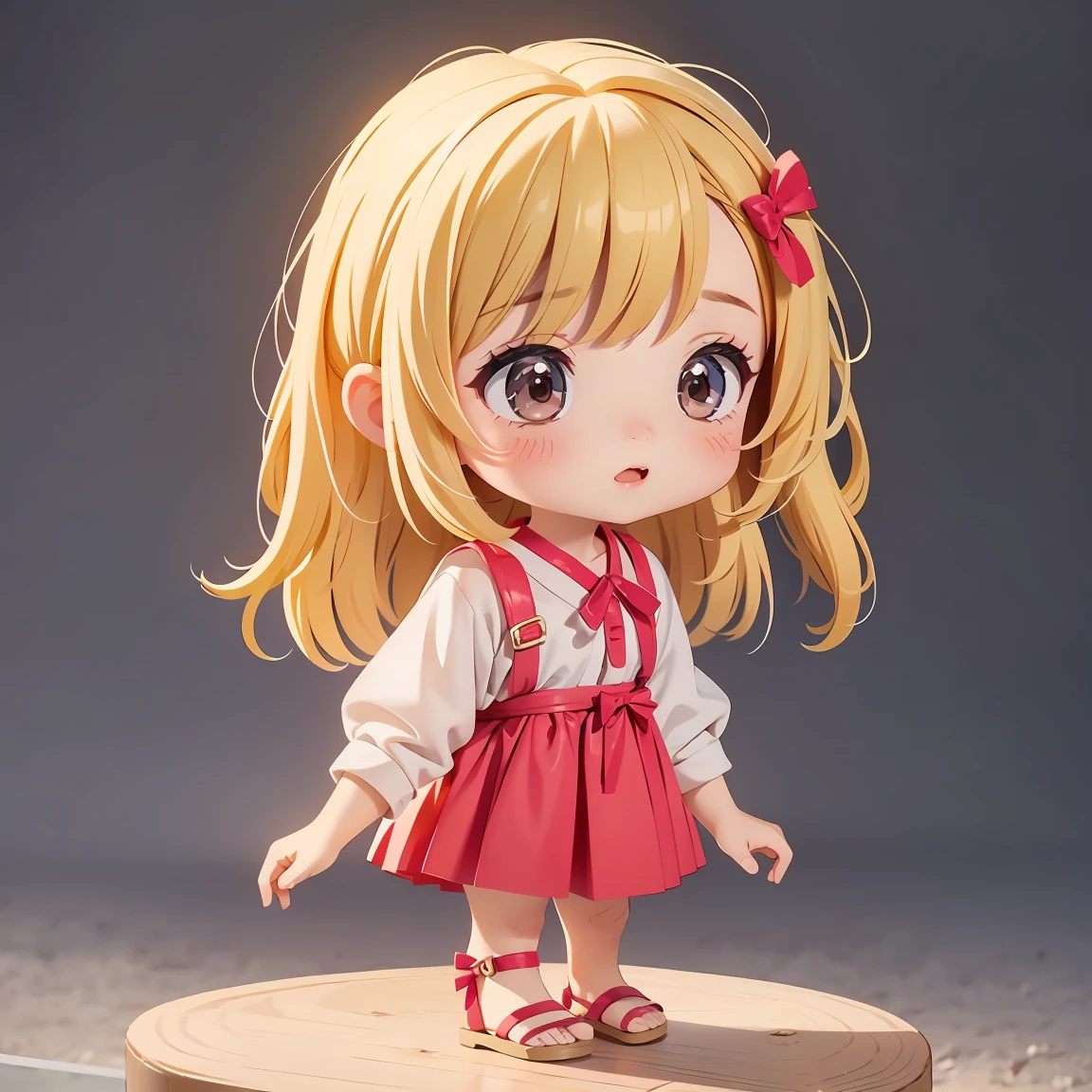  Super Chibi Character：1.8、wearing cute sandals、background：Simple all over、Blonde Hair、Cute 7 year old girl、Random cute outfits、Short legs、Sandals with ribbon、Falling、Falling