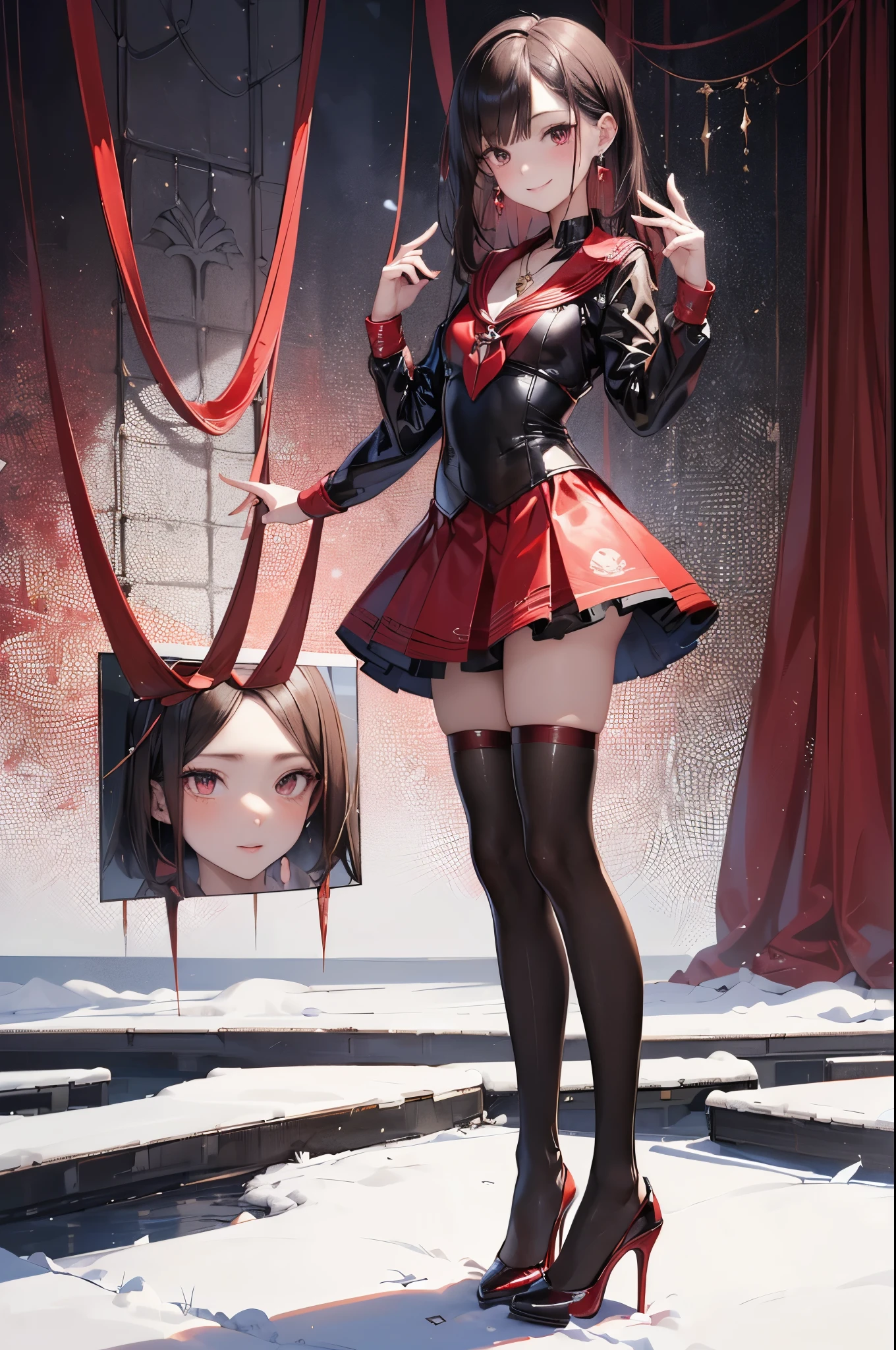 ((Biologically correct limb count)),(( From head to toe,Full-body photo including face)),4K,((Standing position)),masterpiece,((Focus on the face)),((Symmetrical facial features)),Eyes with detailed description,Beautiful woman,Great style,Beautiful arms,Beautiful legs,Beautiful Hands,(Small Ass,Thin thighs),Detailed depiction of the face,Small earrings,necklace,(Red and black latex sailor suit,skirt((High heels,Patterned stockings))),((Waiting for someone to meet up)),Silk gloves,Realistic photo,(Medium cut hair),Stand at an angle,(Eyes warp)、(Grin)