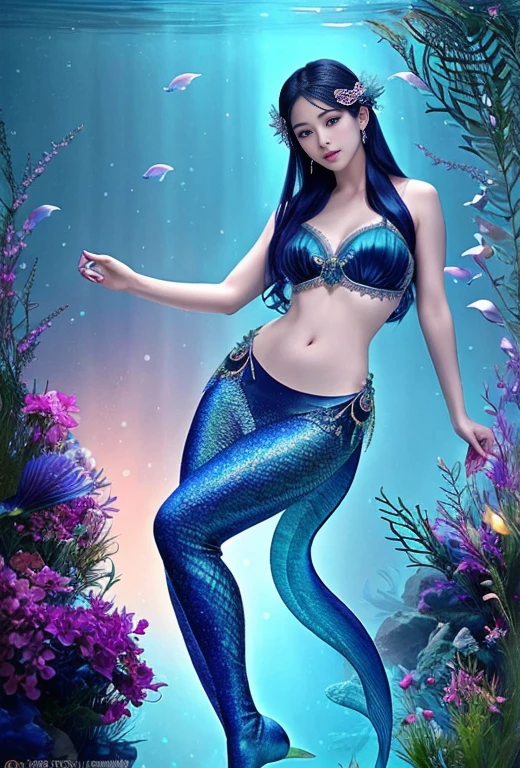 (１A young and breathtakingly beautiful mermaid)、(Full Body Portrait:1.9)、(Underwater light refraction)、(Buoyancy in water)、(dim)、Ideal proportions、Fish body、The body of a fish with scales from the waist down、Big Breasts、The faint light、Detailed Mermaid Features、Beautiful details and captivating grey eyes、Beautiful details and luscious lips、Highly detailed eyes and face、Beautiful detailed grey hair、Long eyelashes、Rainbow glowing scales、Elegant kneeling pose、Real、フォトRealistic、フォトRealistic:1.37、(highest quality、4k) 、8k、High resolution、Masterpiece: 1.2)、Super detailed、(Realistic、フォトRealistic、フォトRealistic: 1.37)、Fantasy、Magical Realism、Cinematic lighting、Dramatic lighting、Dramatic color contrast、A little bright color among the dull colors、Intricate details、seamless、Cinematic composition、Award-winning digital art