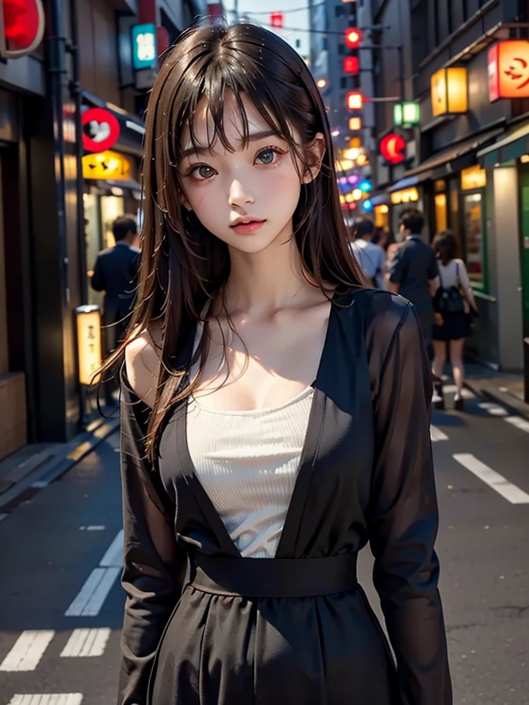 1girl, Tokyo street,night, cityscape,city lights, upper body,close-up, 8k, RAW photo, best quality, masterpiece,realistic, photo-realistic, parted bangs, long hair,front cover