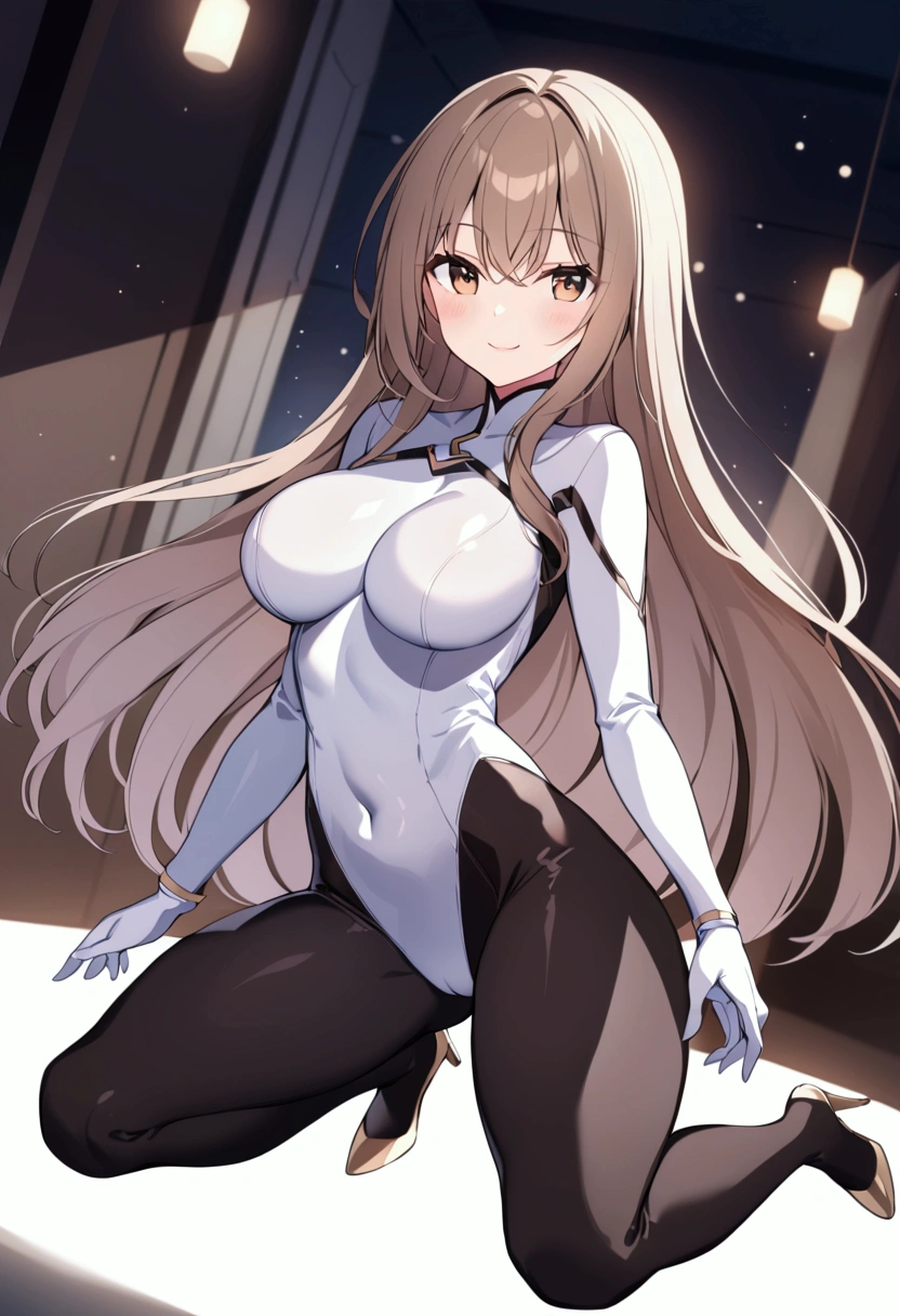slender, mature female,rating:safe, 1girl, bodysuit, long_hair, brown_hair, brown_eyes, breasts, solo, blurry, looking_at_viewer, closed_mouth, covered_navel, bangs, depth_of_field, medium_breasts, blurry_background, hair_between_eyes, floating_hair, gloves, shiny, skin_tight, blush, eyebrows_visible_through_hair, high_heels, smile, kneeling, sidelocks, thighs, shiny_hair, very_long_hair, dutch_angle, impossible_clothes, indoors, black_bodysuit, large_breasts, light_particles, long_sleeves, white_bodysuit, white_gloves,