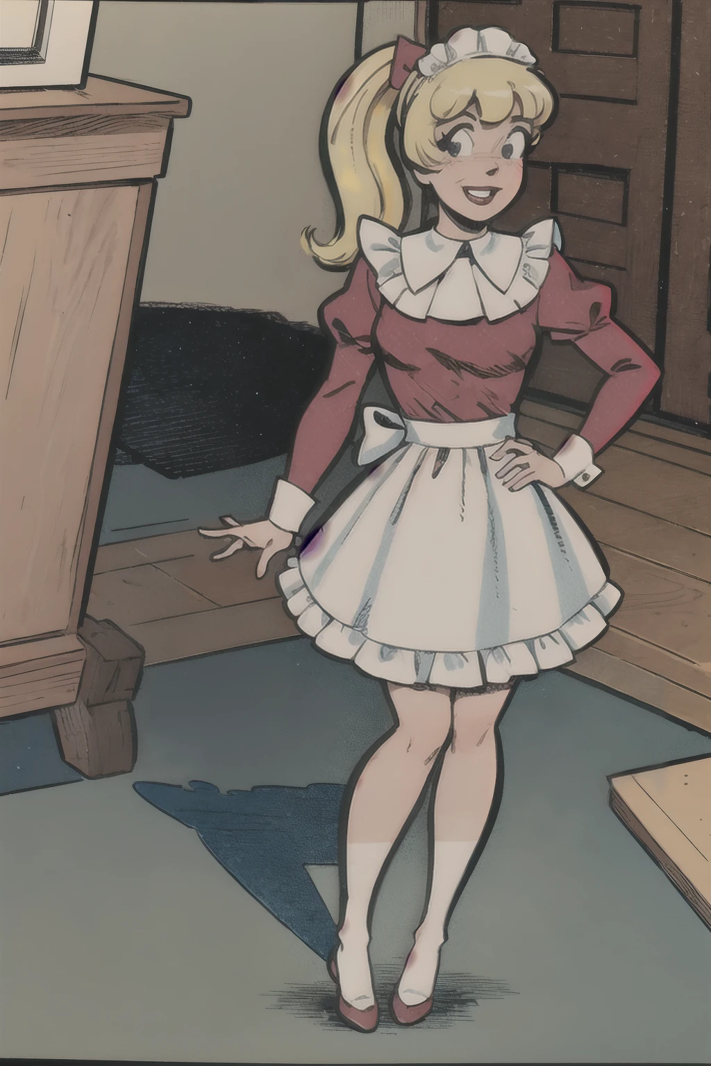 ((Full body photo, standing, on the floor)) masterpiece, best quality, 1girl, betty, blonde hair, ponytail, blush, smile, maid outfit, kneeling, stockings, looking at viewer, solo, indoors, traditional media