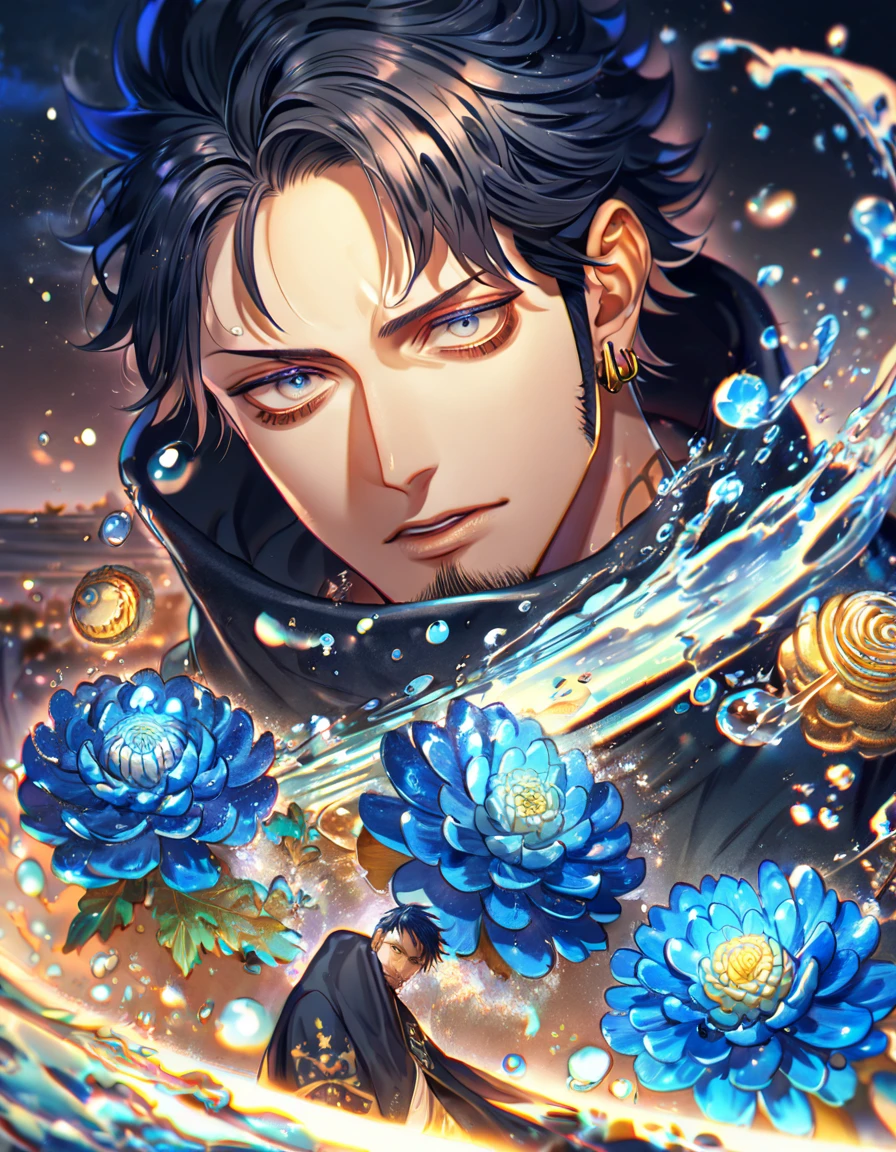 absurdres, highres, ultra detailed, HDR, master piece, best quality, extremely detailed, Trafalgar Law, black hair, stubble, expressive gray eyes, One Piece, solo, sexy man, handsome, sensual, black coat, fantasy, water, sparkling, blue glittering fireflies, blue moon, blue blossoms, blue chrysanthemums, blue sparkling lights, starry sky, magical