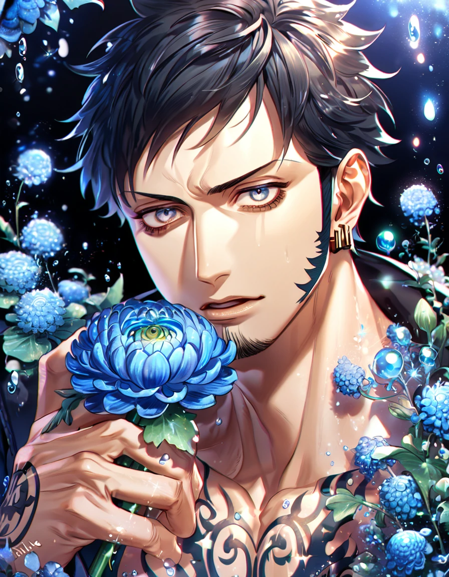 absurdres, highres, ultra detailed, HDR, master piece, best quality, extremely detailed face, delicated features, Date Masamune, medium length brown hair, expressive brown eyes, black eye patch, Sengoku Basara, solo, sexy man, handsome, dark blue clothes, fantasy, magical, butterflies, summer, green leaves, flowers, water