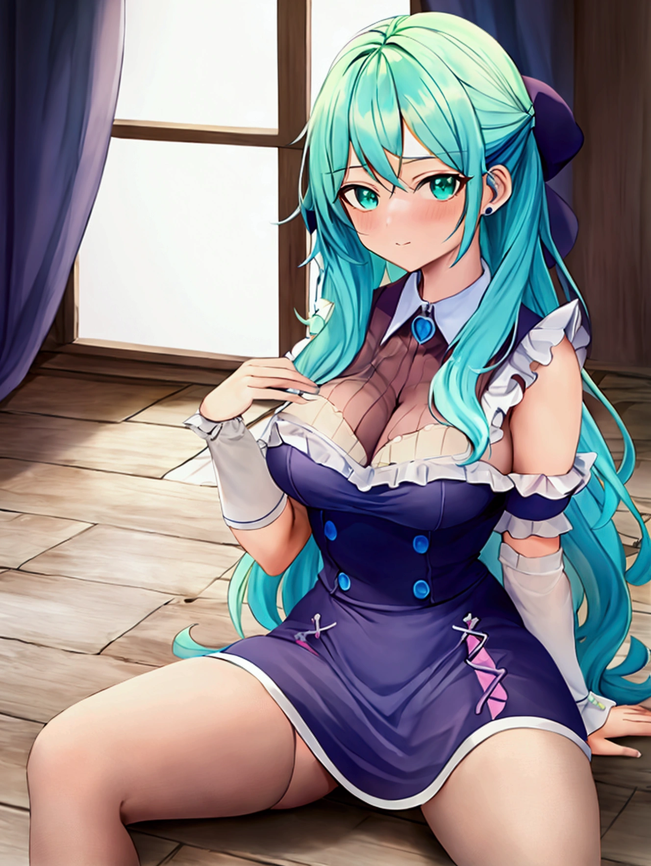 cartoon girl sitting on the floor , Abigail de Stardew Valley, Thick, female protagonist 👀 :8, pose casual, cel - shaded art style, madeline da celeste, character is in his natural pose, cartoon cute, relaxed pose,