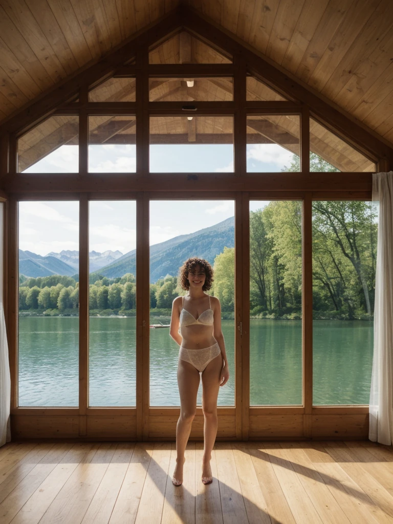 her name is Amelie, high quality, 1girl, ((25-year-old fit Caucasian woman)), ((25 years old)), ((BODY TYPE: HOURGLASS)), ((Space Buns HAIR)), SMILING, pose: SEXY POSE, wearing SEXY LINGERIE VARIETY colored, BACKGROUND:"A half-timbered house with a cozy and rustic interior, featuring exposed wooden beams and views of the charming streets."