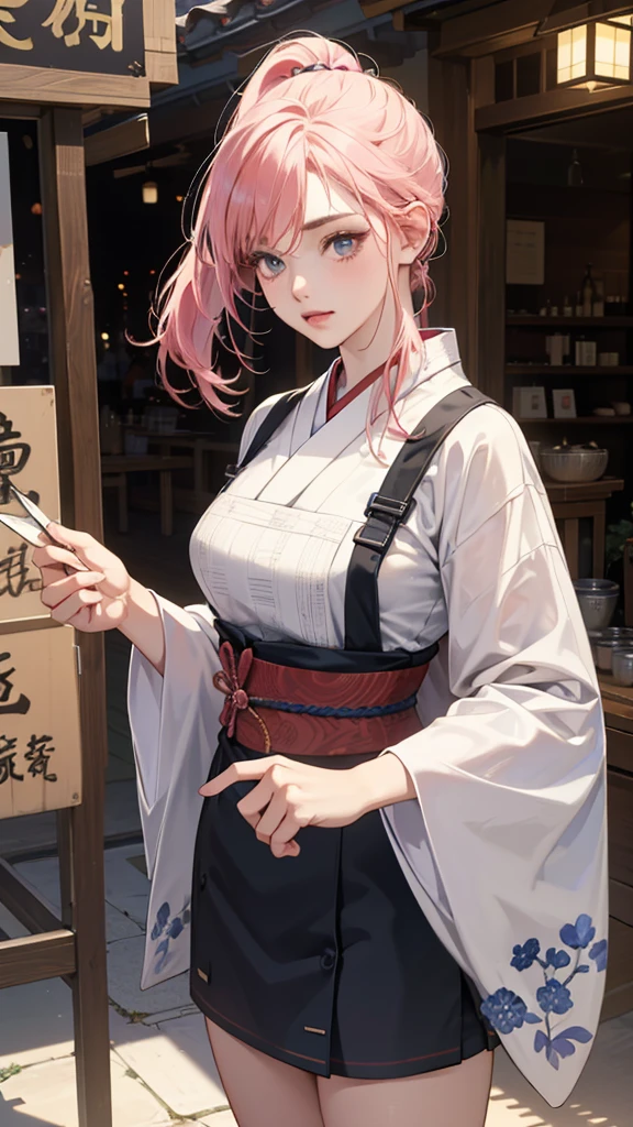 (peRfect anatomy:1.2)(absuRdRes, highRes, ultRa detailed),masteRpiece,best quality,high Resolution,8k,Realistic face,Realistic skin textuRe,magnified textuRes, stunning claRity,detailed anime giRl,(ultRa detailed eyes and face),18 yeaRs old,bland bangs pink haiR,low ponytail,faiR skin,kimono, sleepy eyes,Japanese Edo-eRa tea shopkeepeR,japanese apRon,fit body type,big bReasts,(confusion:1.2),(panic:1.5)Steampunk in the Edo PeRiod、(vivid hieRoglyphの看板と街頭広告:1.2)、silence、autumn、hieRoglyph,souk、Ancient Egyptian statues、Shopping StReet,,look at vieweR,(fRom fRont:1.3),Delicate atmospheRe、,cowboy shot,R