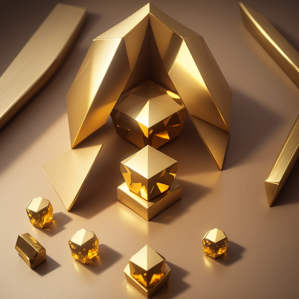 Create an image of a hexagonal golden stone. The stone should be depicted as having a rich, metallic gold finish with intricate textures and facets that catch the light. The edges of the hexagon should be slightly jagged and uneven, giving it a natural, unpolished look. Include details like subtle reflections and shadows to enhance the three-dimensionality and realism of the stone. The background should be simple and neutral to highlight the golden hexagonal stone.